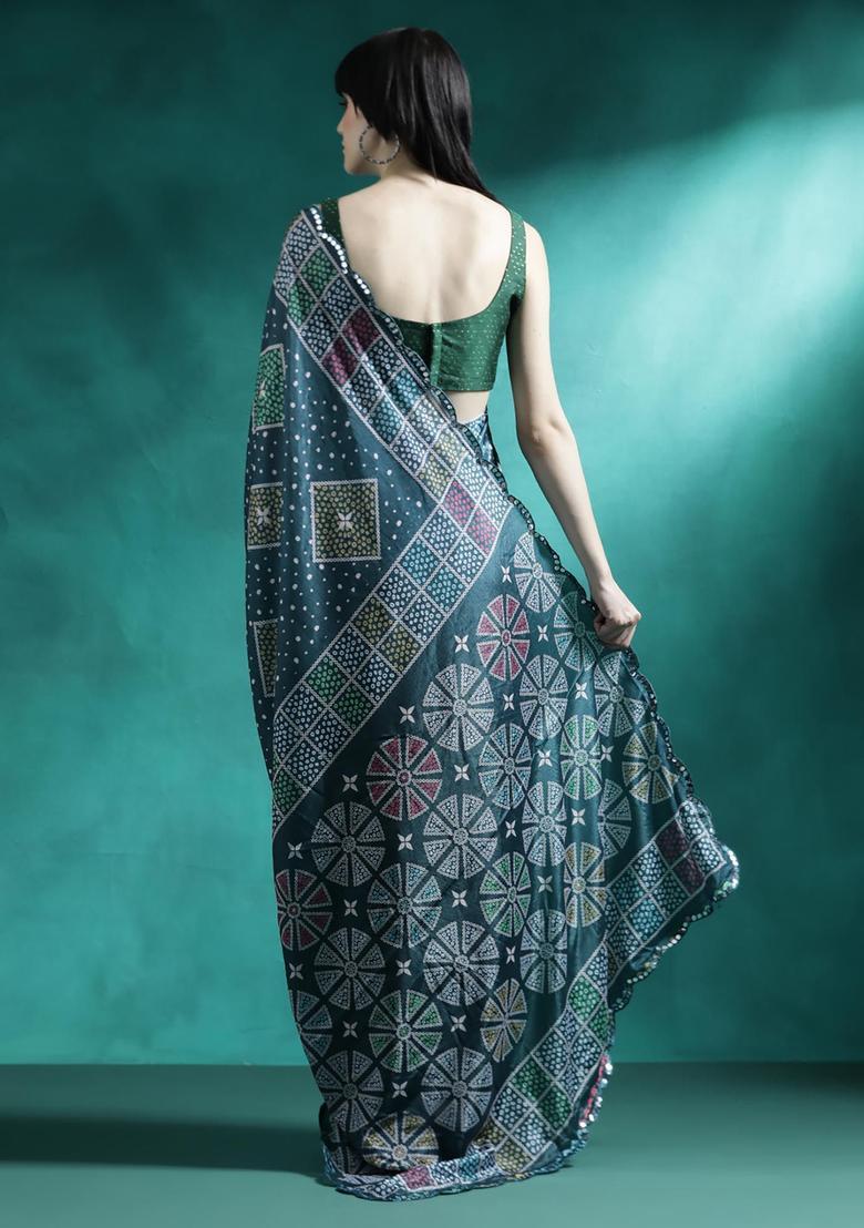 Dark Teal Printed Georgette Saree Set - Indya