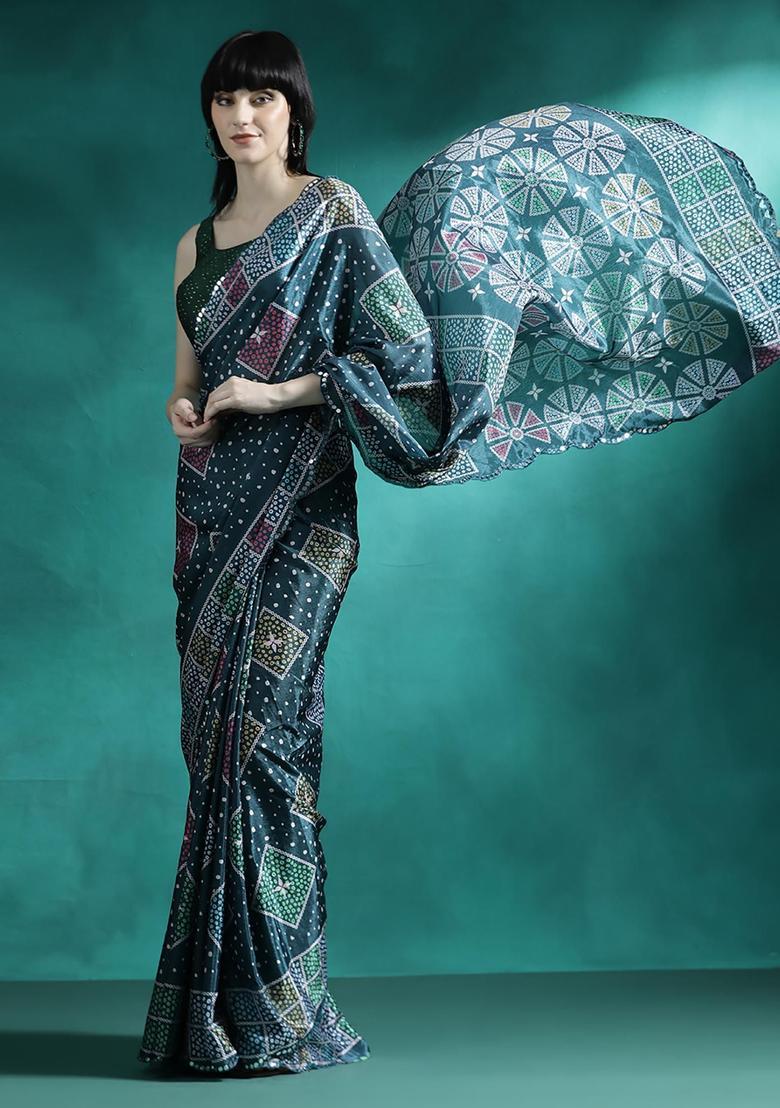 Dark Teal Printed Georgette Saree Set - Indya