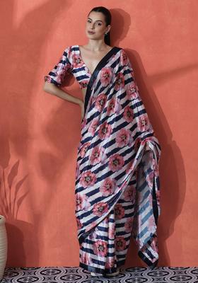 Multicolor Floral Print Polyester Saree Set