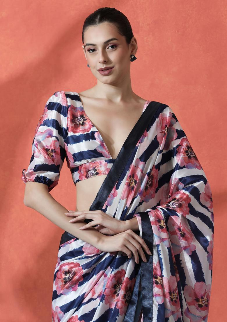 Multicolor Floral Print Polyester Saree Set - Indya