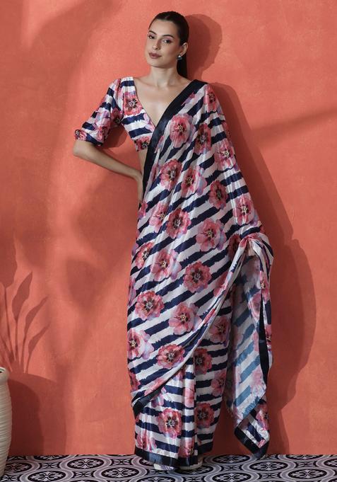 Multicolor Floral Print Polyester Saree Set