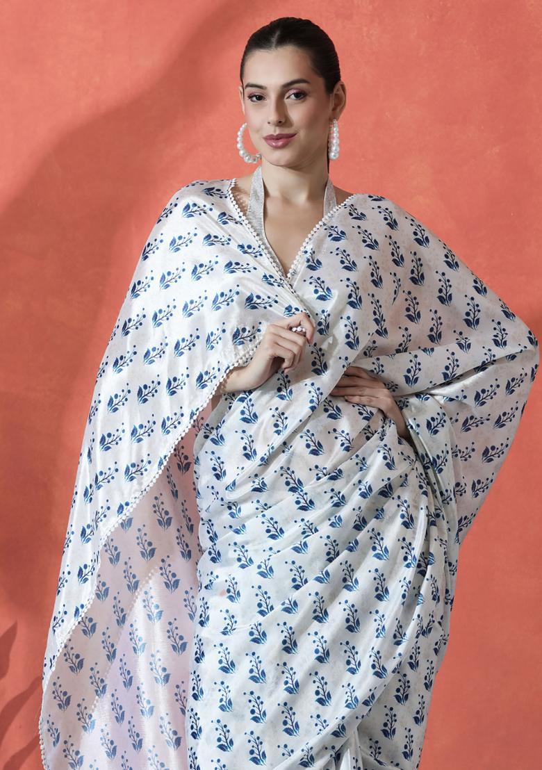 White Floral Print Polyester Saree Set - Indya