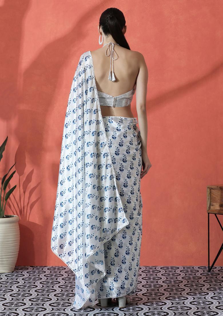 White Floral Print Polyester Saree Set - Indya