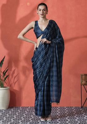 Navy Blue Checked Polyester Saree Set