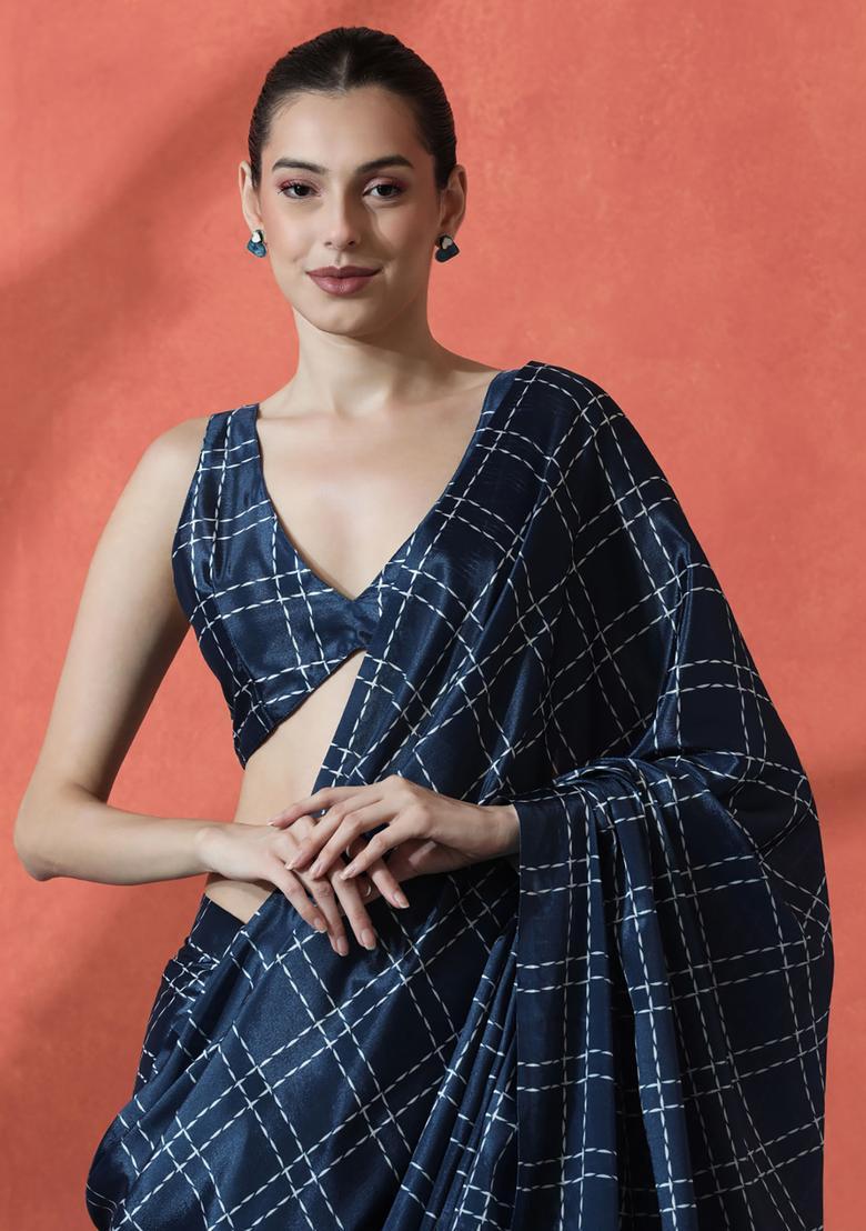 Navy Blue Checked Polyester Saree Set - Indya