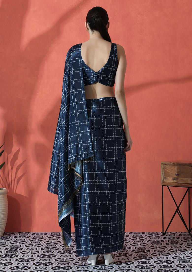 Navy Blue Checked Polyester Saree Set - Indya
