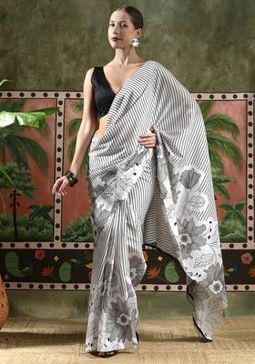 White Stripes Chinon Saree Set