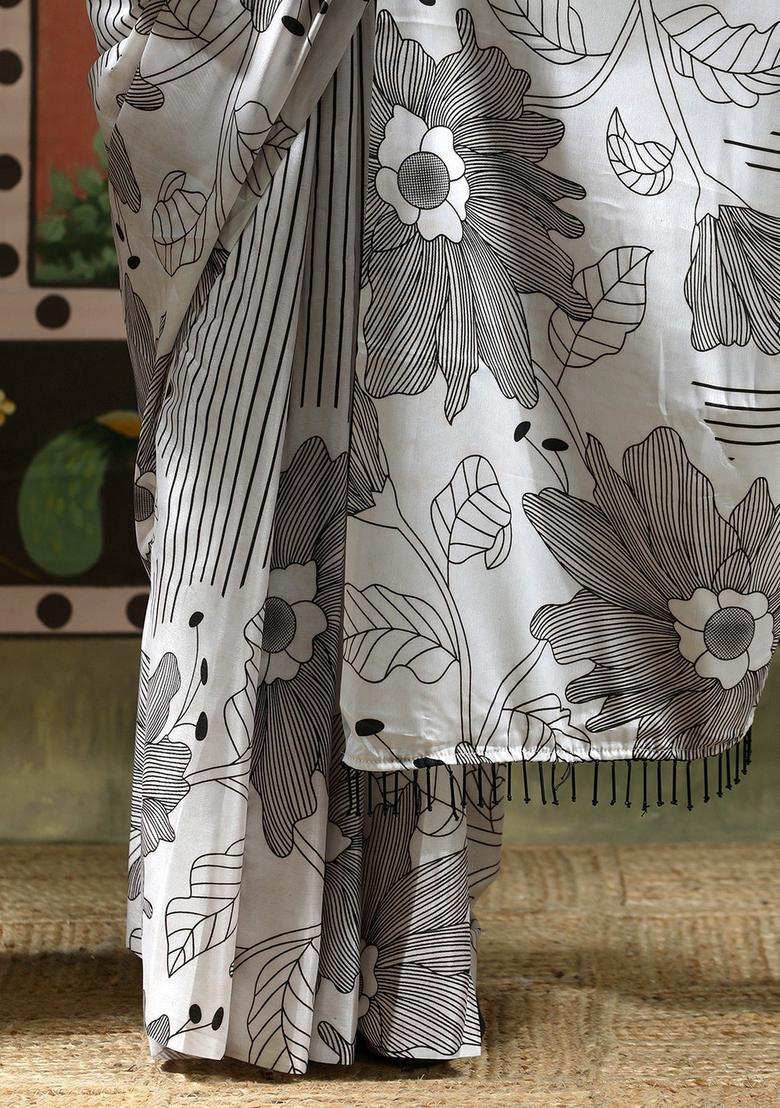 White Stripes Chinon Saree Set - Indya
