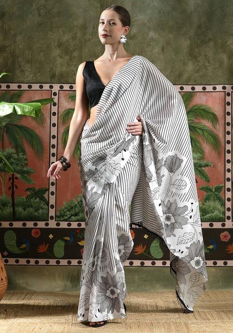 White Stripes Chinon Saree Set
