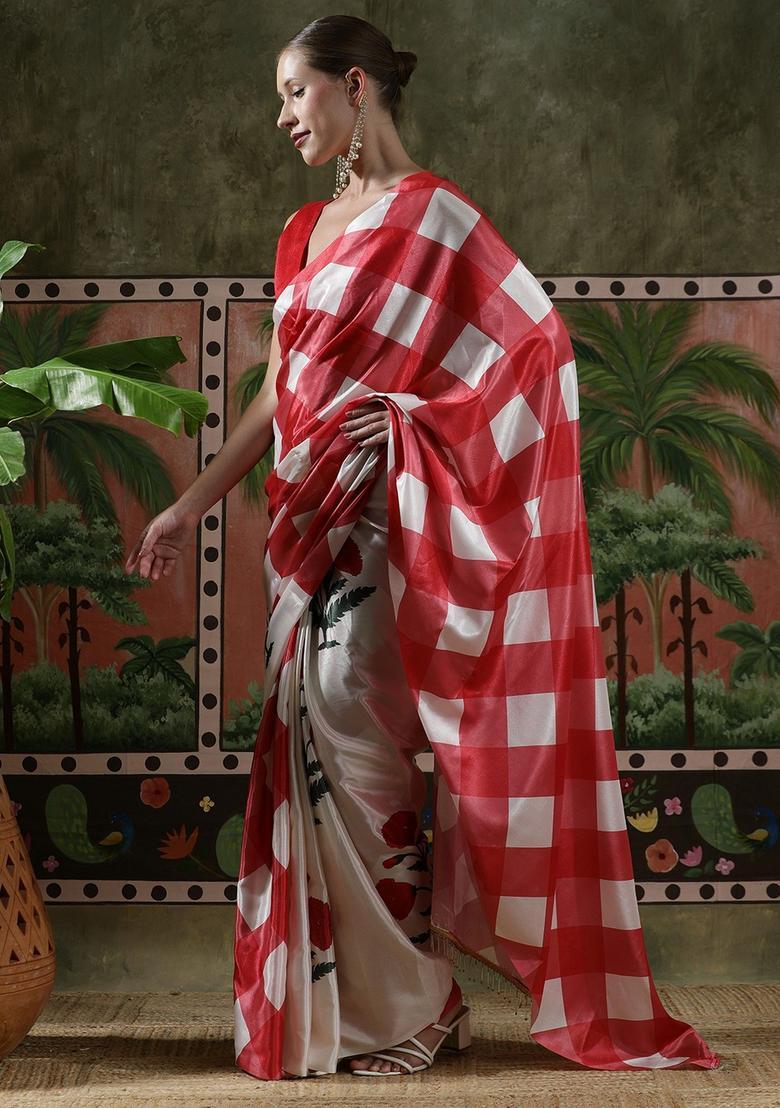 Red Checked Chinon Saree Set - Indya