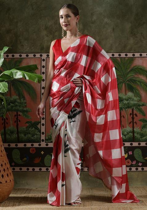 Red Checked Chinon Saree Set