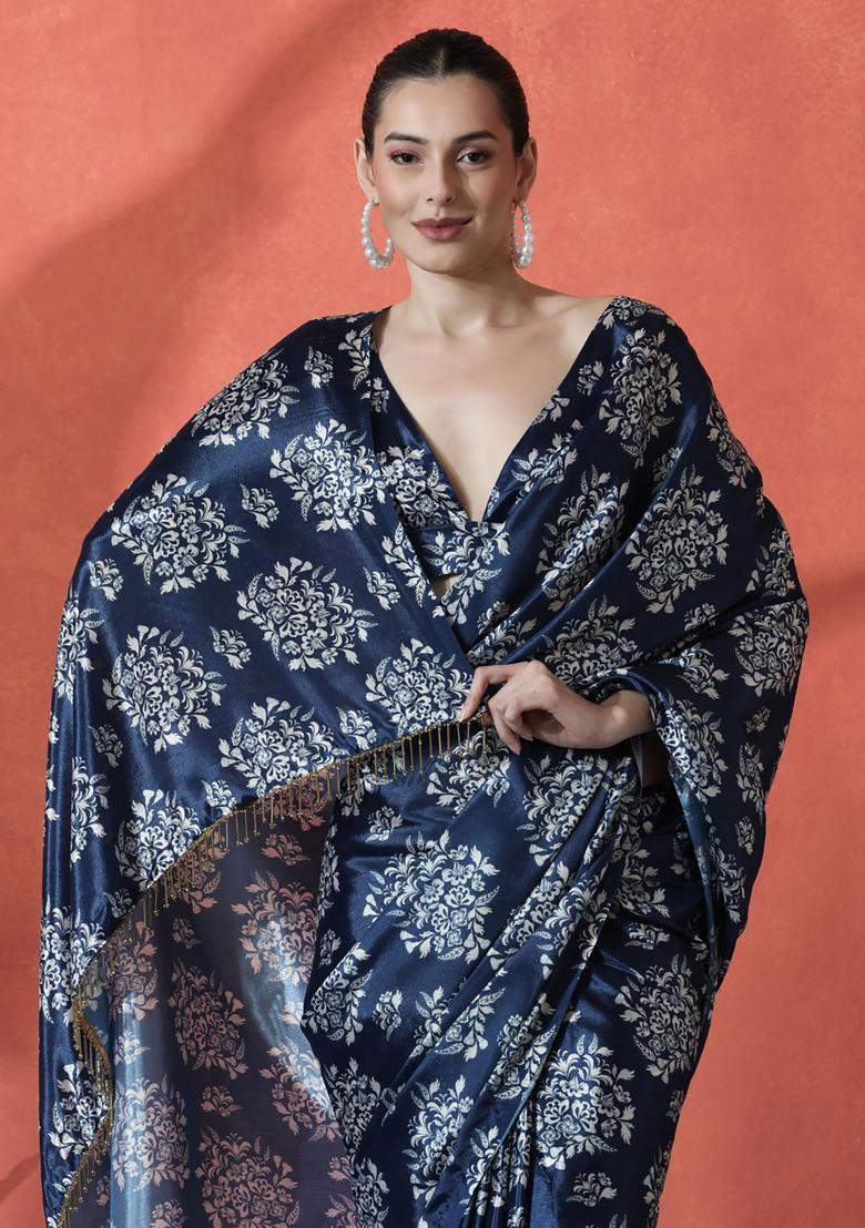 Navy Blue Floral Print Polyester Saree Set - Indya