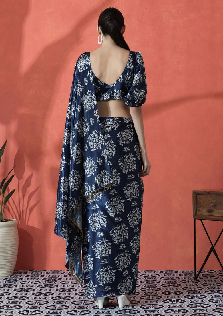 Navy Blue Floral Print Polyester Saree Set - Indya