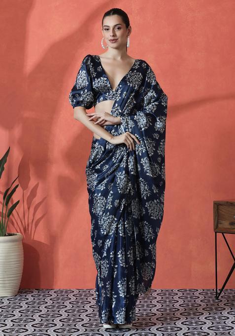 Navy Blue Floral Print Polyester Saree Set