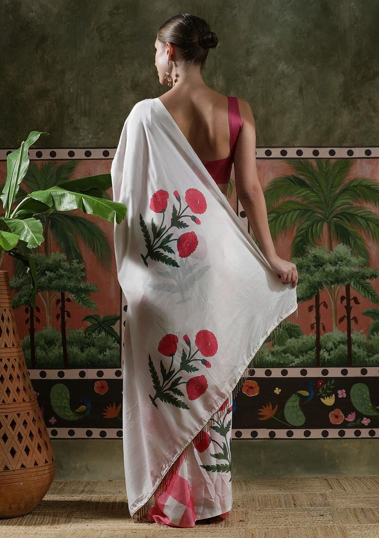 White Floral Print Chinon Saree Set - Indya