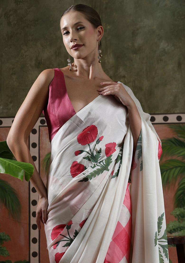 White Floral Print Chinon Saree Set - Indya