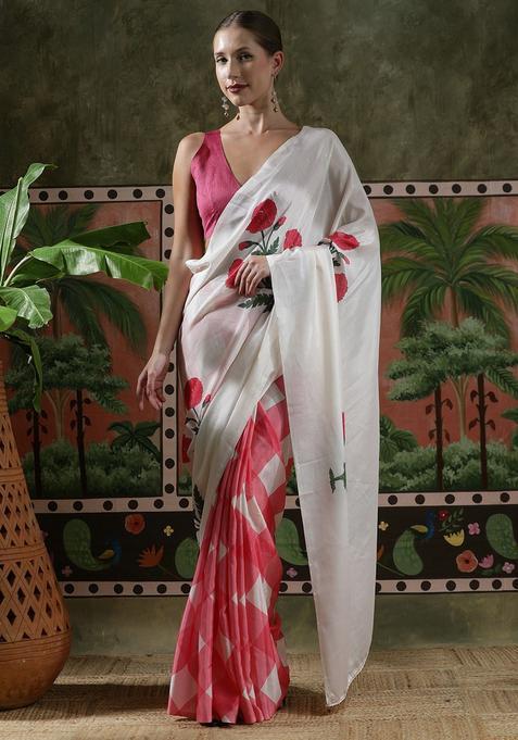 White Floral Print Chinon Saree Set