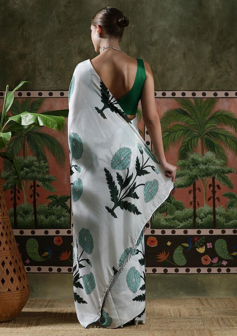 White Floral Print Chinon Saree Set - Indya