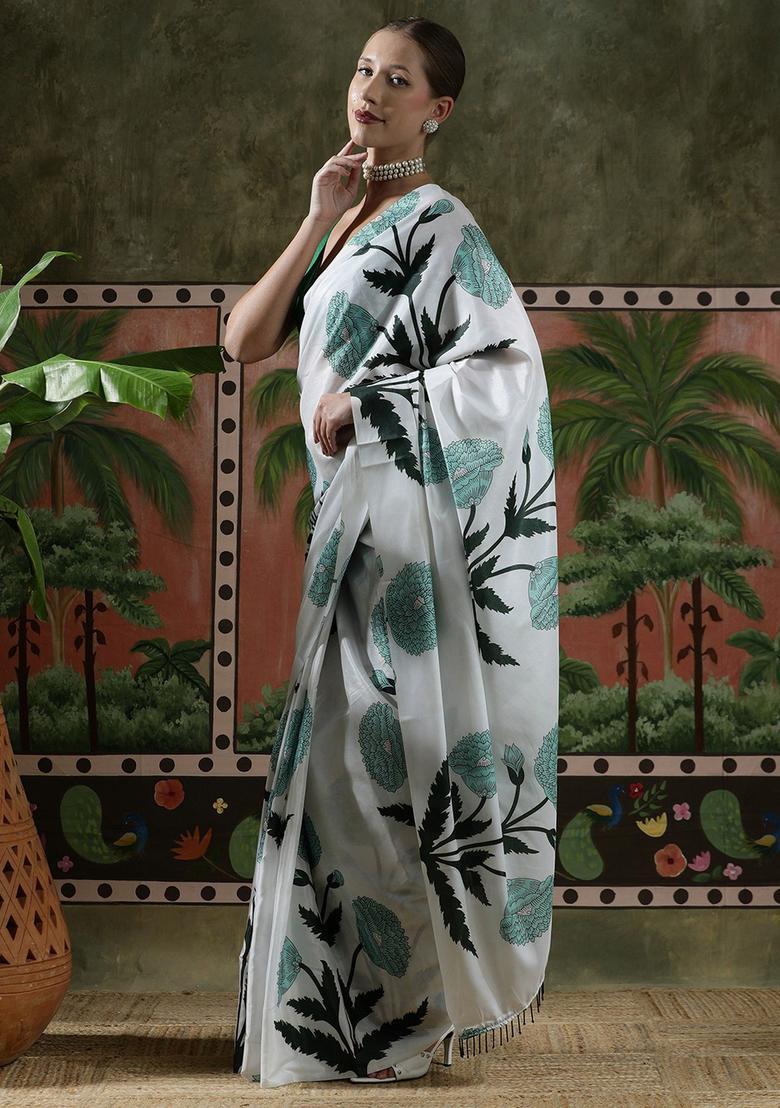 White Floral Print Chinon Saree Set - Indya