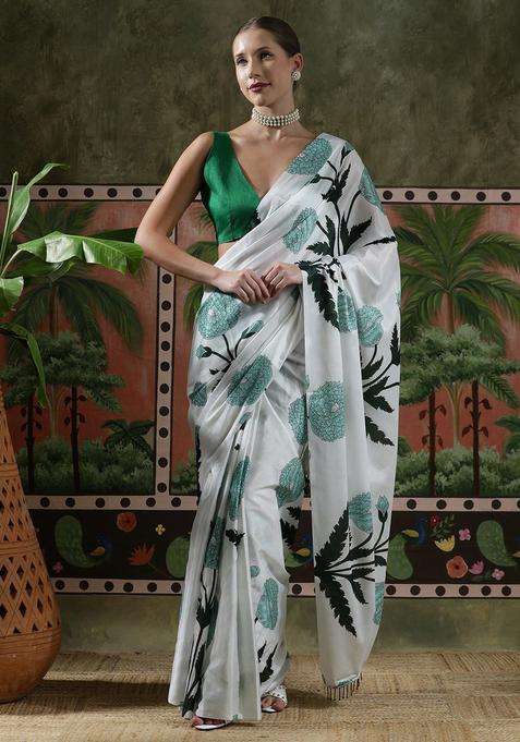 White Floral Print Chinon Saree Set