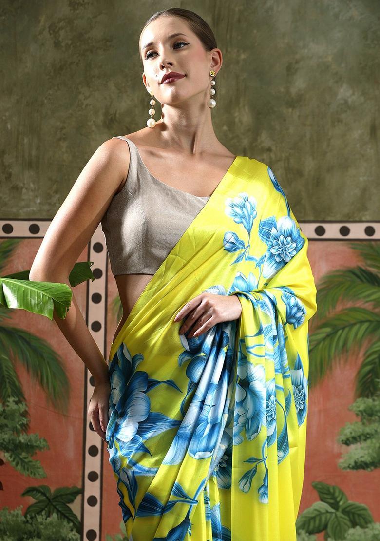 Green Floral Print Chinon Saree Set - Indya