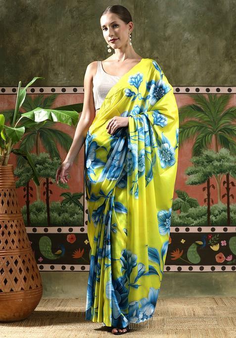 Green Floral Print Chinon Saree Set