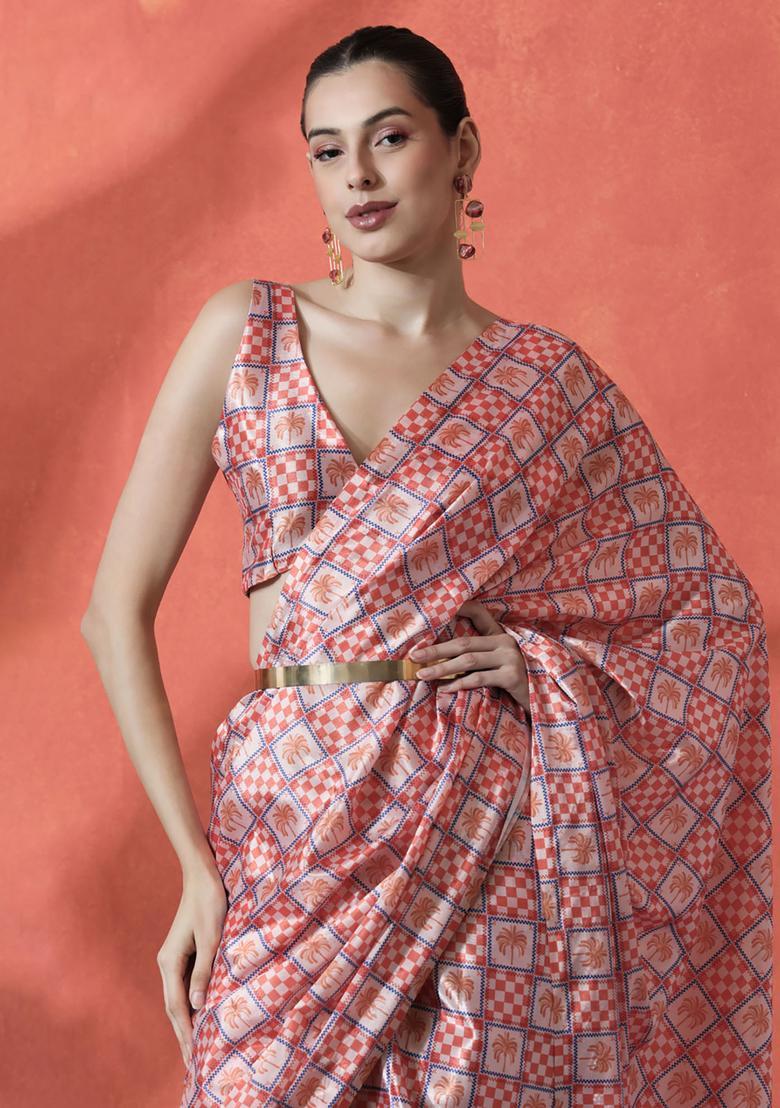 Orange Checked Polyester Saree Set - Indya