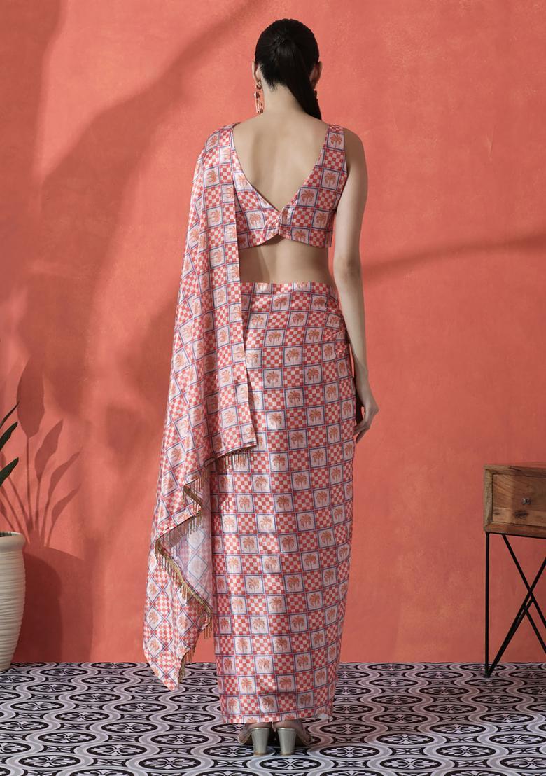 Orange Checked Polyester Saree Set - Indya