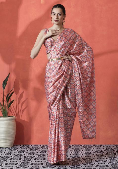 Orange Checked Polyester Saree Set