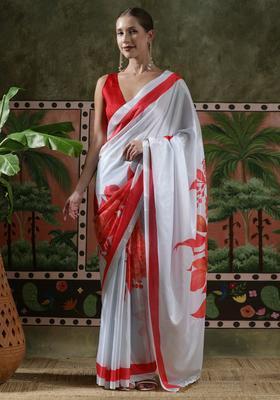 White Floral Print Chinon Saree Set