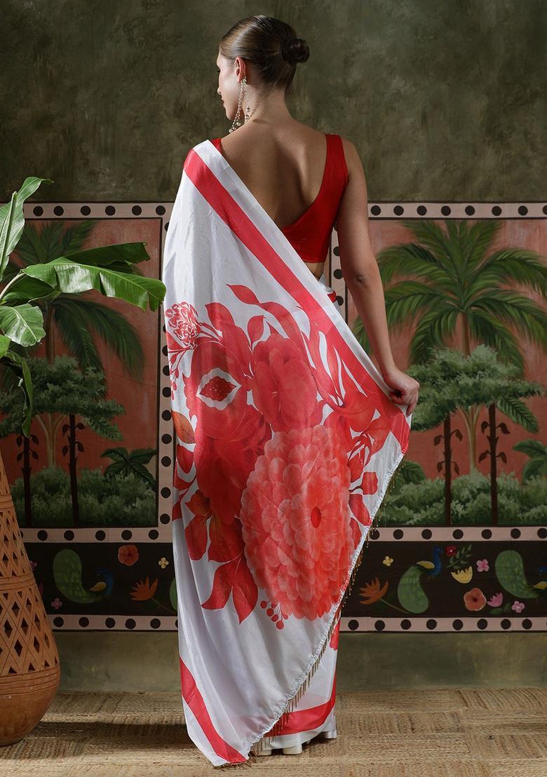 White Floral Print Chinon Saree Set - Indya