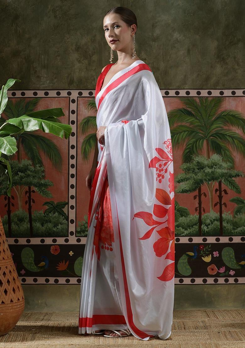 White Floral Print Chinon Saree Set - Indya