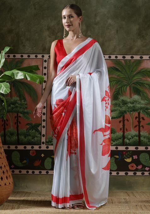 White Floral Print Chinon Saree Set