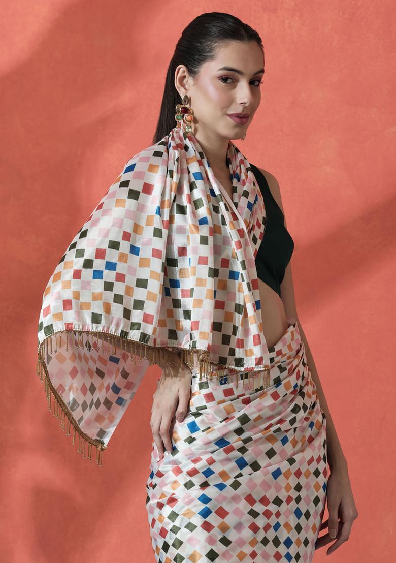 Multicolor Checked Polyester Saree Set - Indya