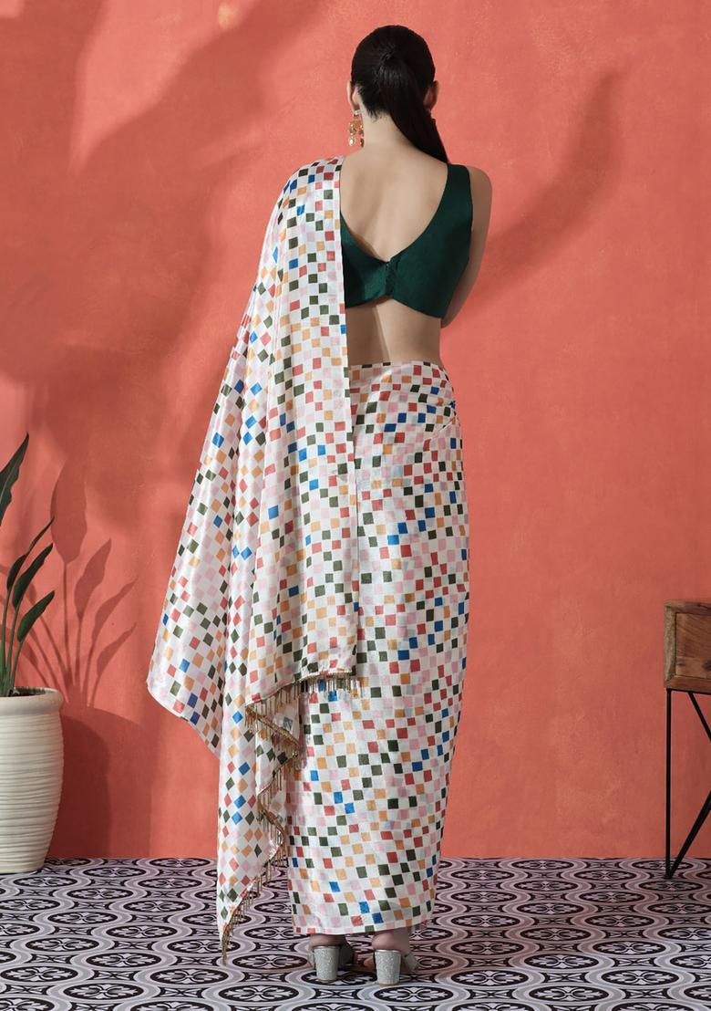 Multicolor Checked Polyester Saree Set - Indya