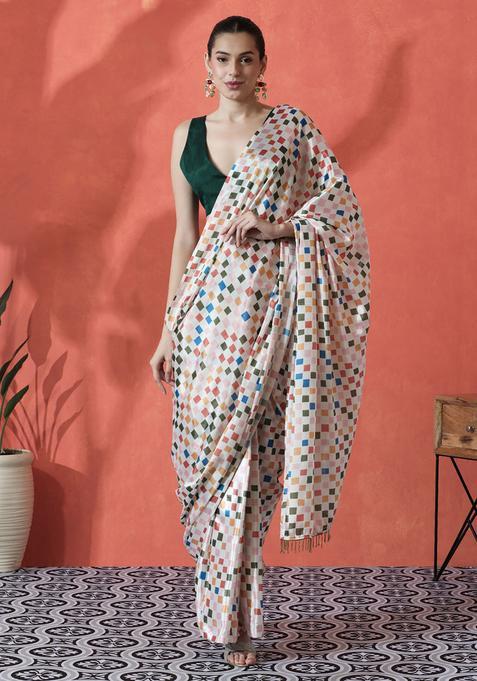Multicolor Checked Polyester Saree Set