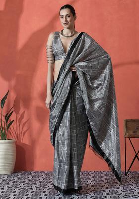 Black Printed Polyester Saree Set