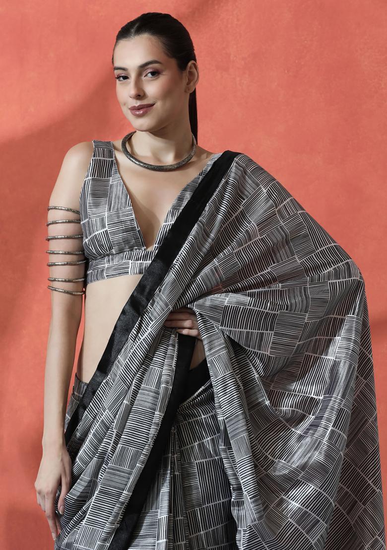 Black Printed Polyester Saree Set - Indya