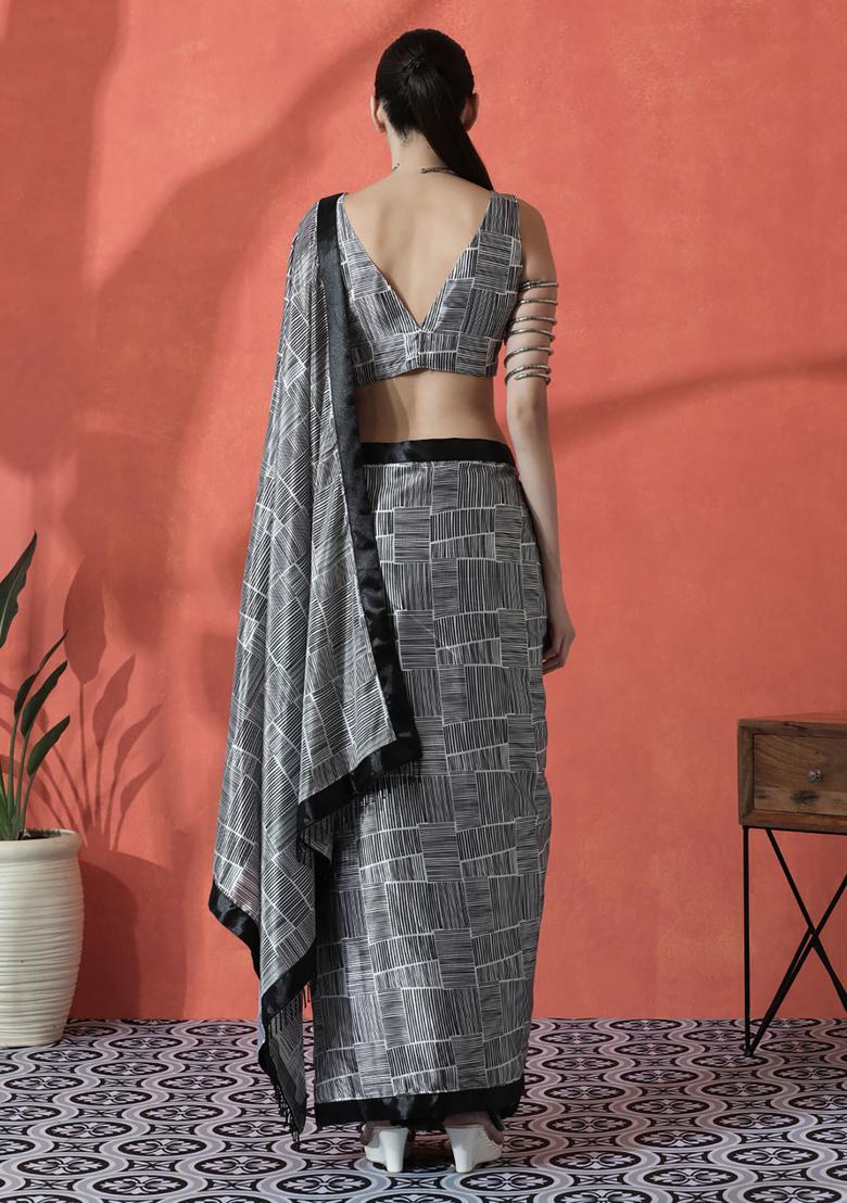 Black Printed Polyester Saree Set - Indya