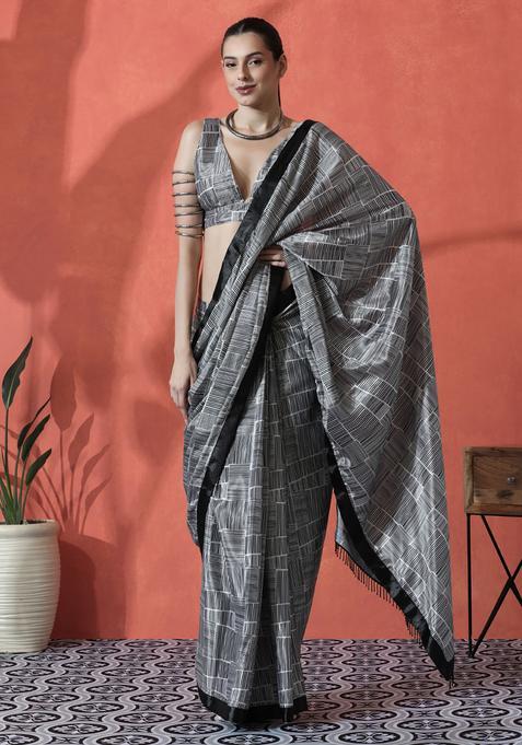 Black Printed Polyester Saree Set