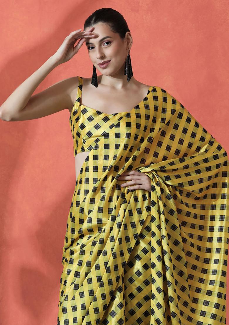 Yellow Printed Polyester Saree Set - Indya
