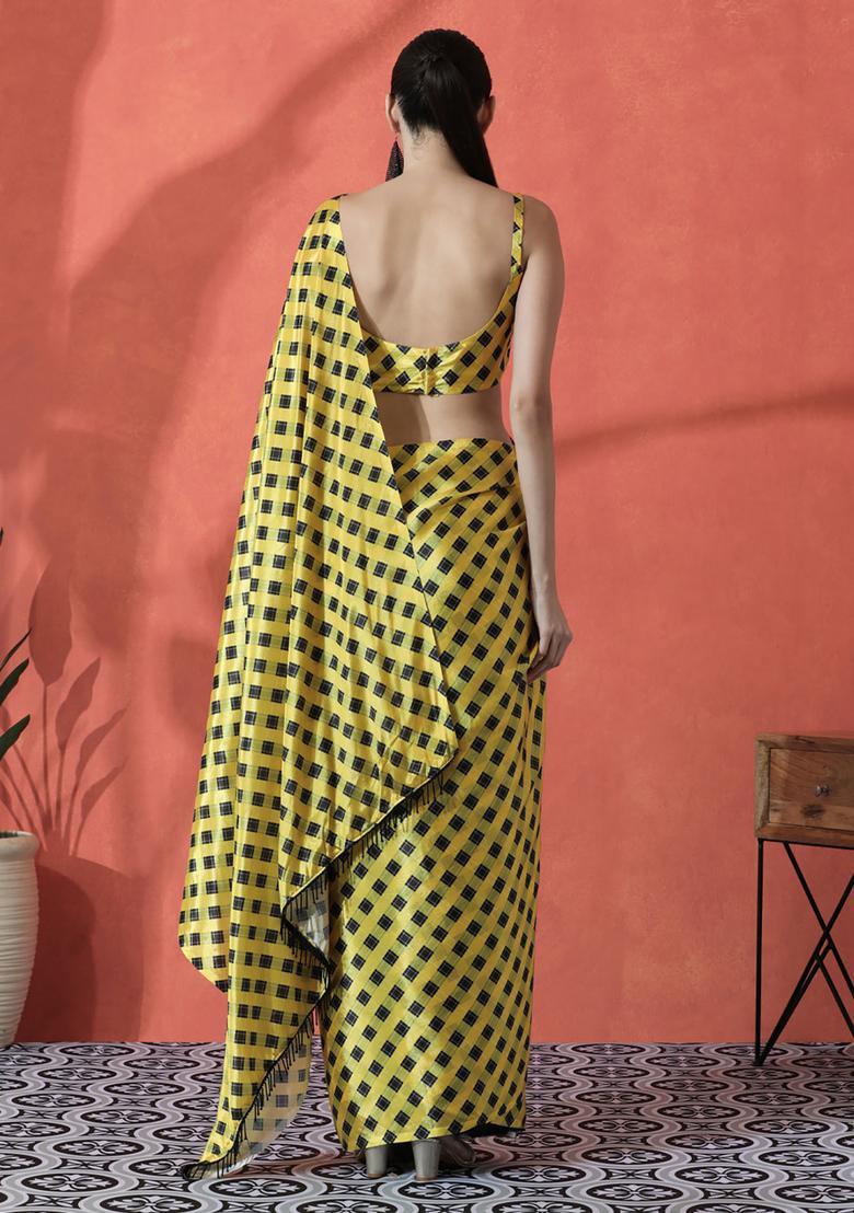 Yellow Printed Polyester Saree Set - Indya
