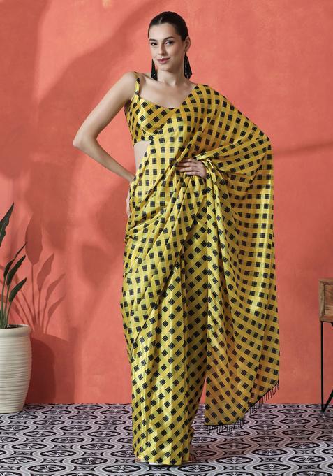Yellow Printed Polyester Saree Set