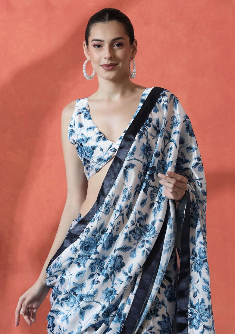 Blue Floral Print Polyester Saree Set - Indya