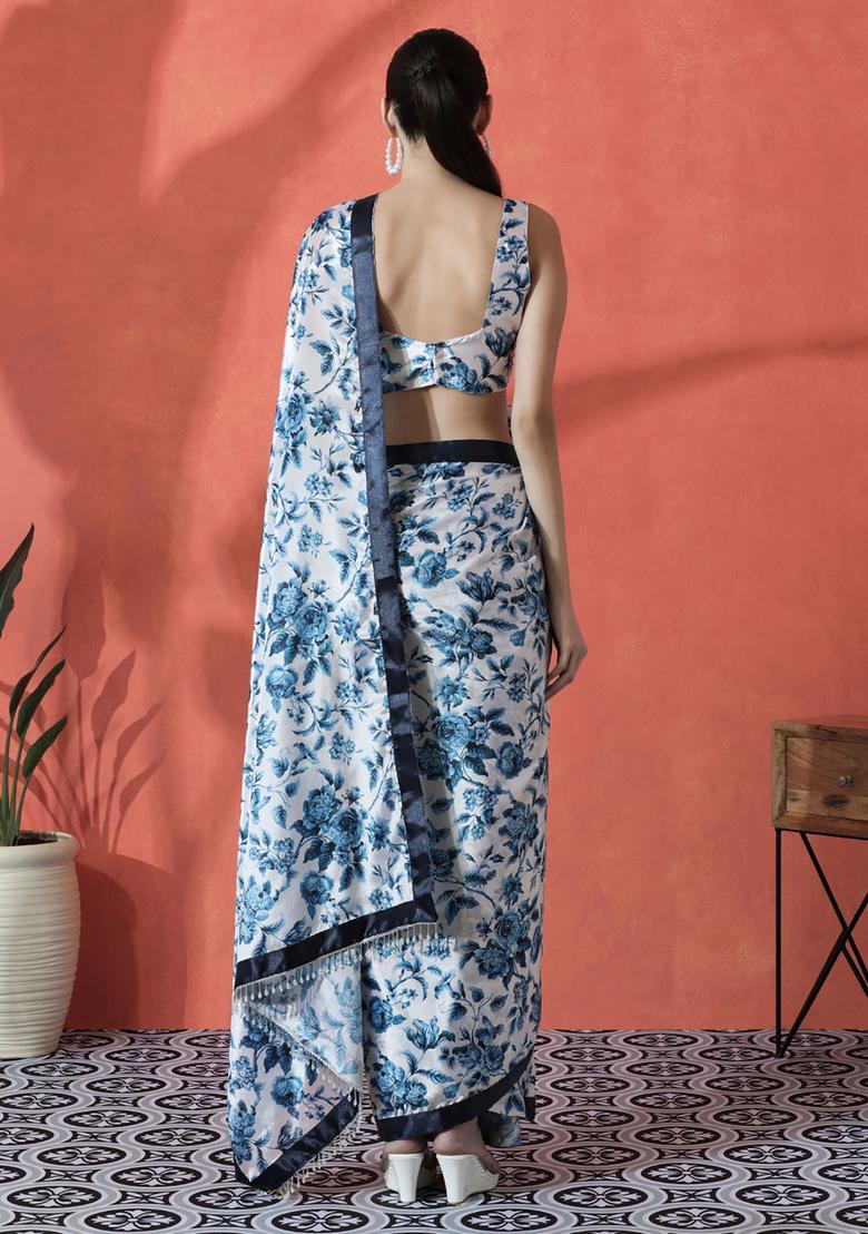 Blue Floral Print Polyester Saree Set - Indya