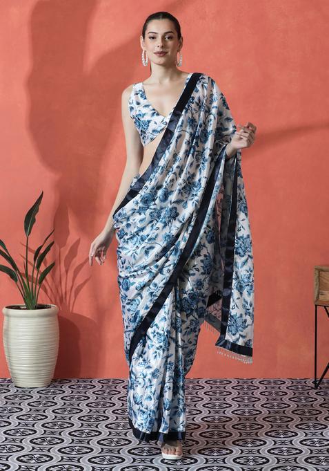 Blue Floral Print Polyester Saree Set