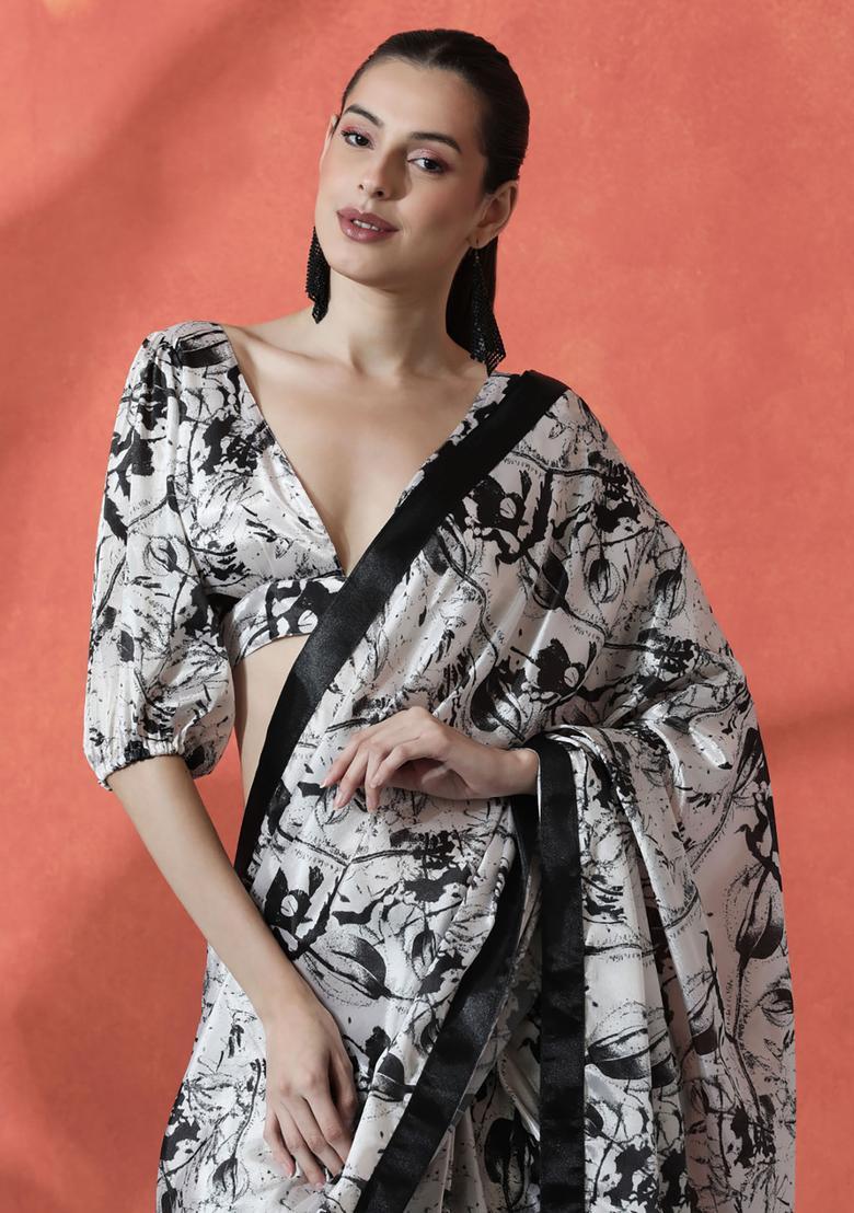 White Printed Polyester Saree Set - Indya
