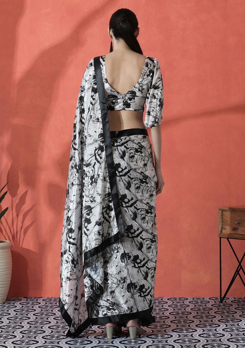 White Printed Polyester Saree Set - Indya