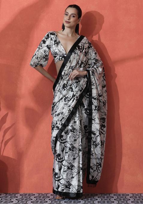 White Printed Polyester Saree Set