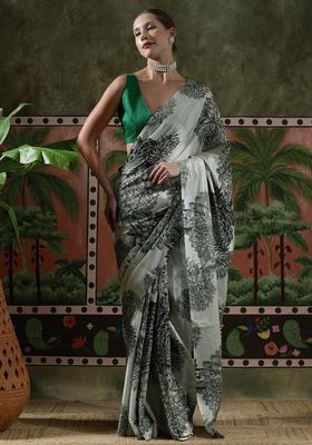Grey Floral Print Chinon Saree Set